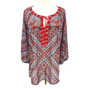 Fig and Flower Boho Print Lace Back Tunic Top Long Sleeve Women's 1X